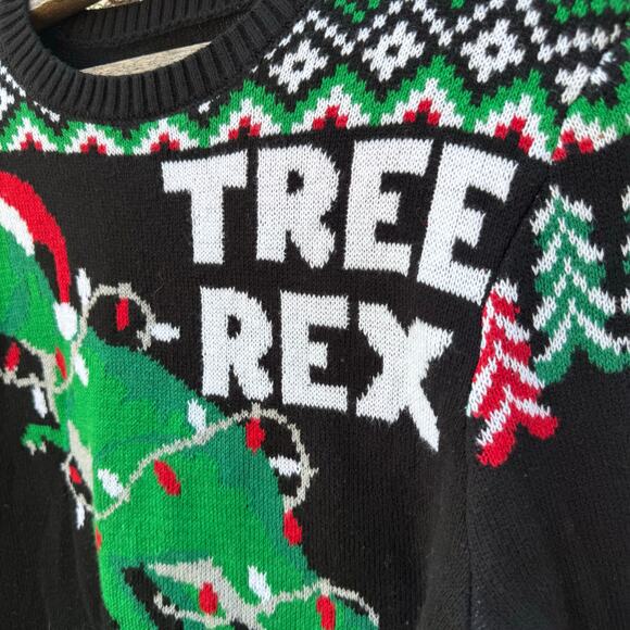 Ugly Christmas Sweater Tree Rex Dinosaur Fair Isle Black Green MEDIUM - Picture 2 of 8